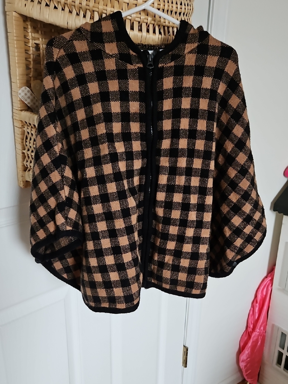 Zara Black and Brown Check Hooded Cape Jacket Poncho